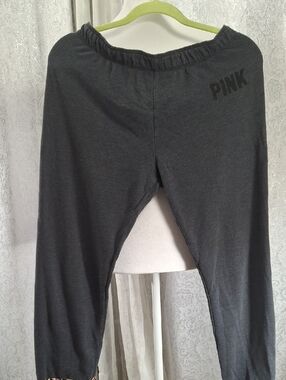 PINK Victoria's Secret Charcoal Gray Fleece Pants S Sweats Cheetah Print Trim